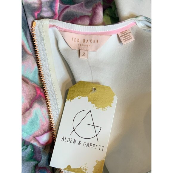 Ted Baker Green Pink Floral Fit & Flare Cap Sleeve Mah Dress, Size 2 TB | 6 US - Picture 10 of 11